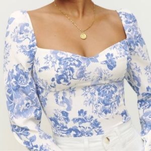 Reformation Reign Top Olympia Long Sleeve Blue White Floral 12